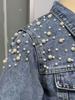 Jachetă Scurtă din Denim cu Mărgele Perlate Stil European și American - Top pentru Femei