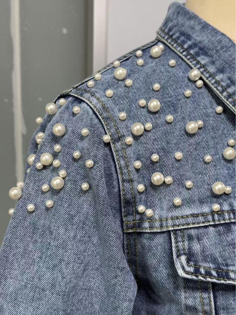 Jachetă Scurtă din Denim cu Mărgele Perlate Stil European și American - Top pentru Femei
