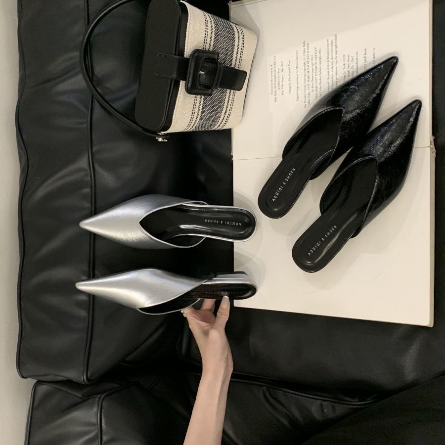 2025 New Summer Wear Flat Bottom Pointed Mueller Half Slippers Women's Shallow Mouth with Skirt Slippers Women's Bag Head Slippers