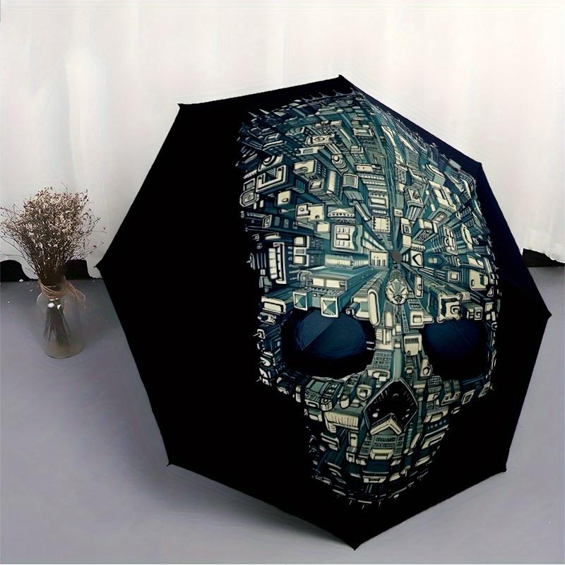 1pc Skull Cityscape Auto Open/close, All-Season Portable Folding Umbrella for Women & Men, Travel, Everyday, Formal Events - Compact Luxury Parasol, O