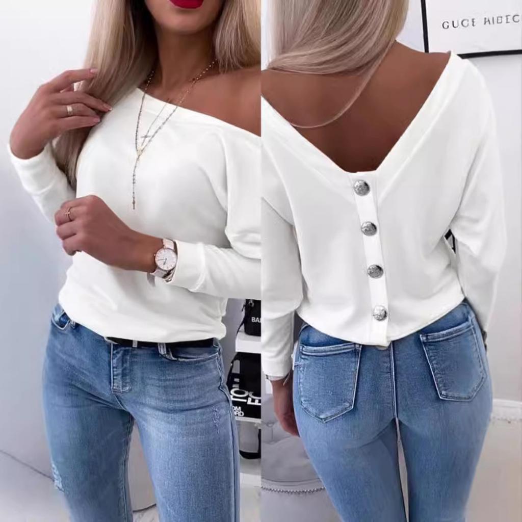 Fall Women's Long Sleeve T-shirt, Button Back Open Back Off Shoulder, Casual Fashion Top for European American Crossborder