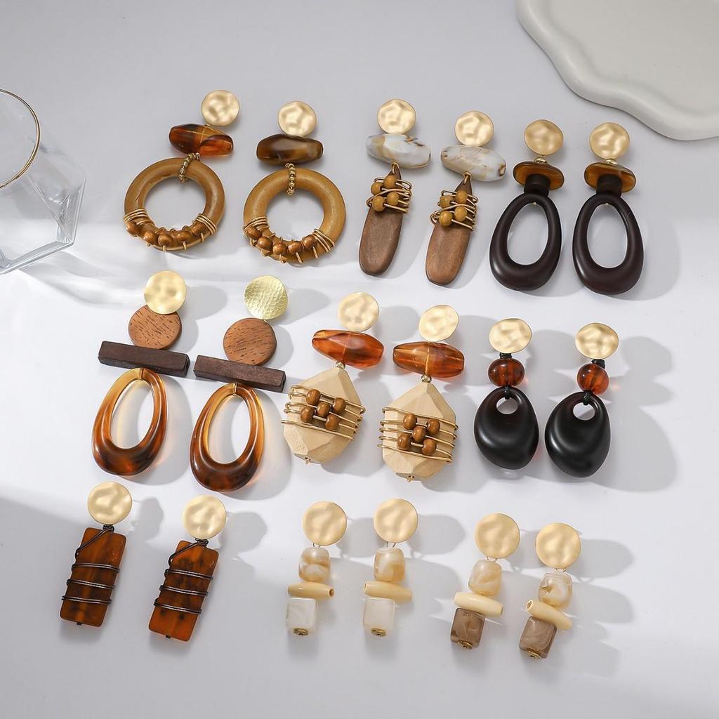 Versatile High-end Geometric Handmade Retro Faux Wood Stud Earrings for Women
