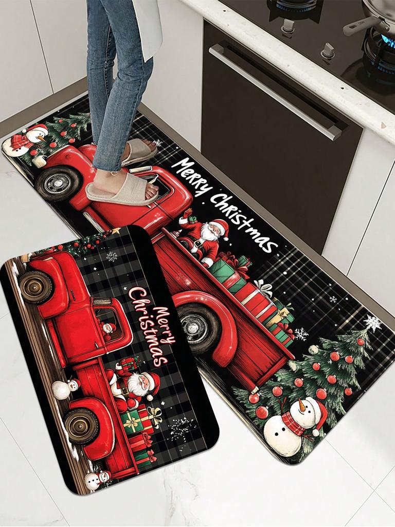 Spanisch Frohe Weihnachten Küchenteppich-Set Schneemann Gedrucktes Muster Fußmatte Maschinenwaschbare Rutschfeste Matte für Zuhause Urlaubsdeko