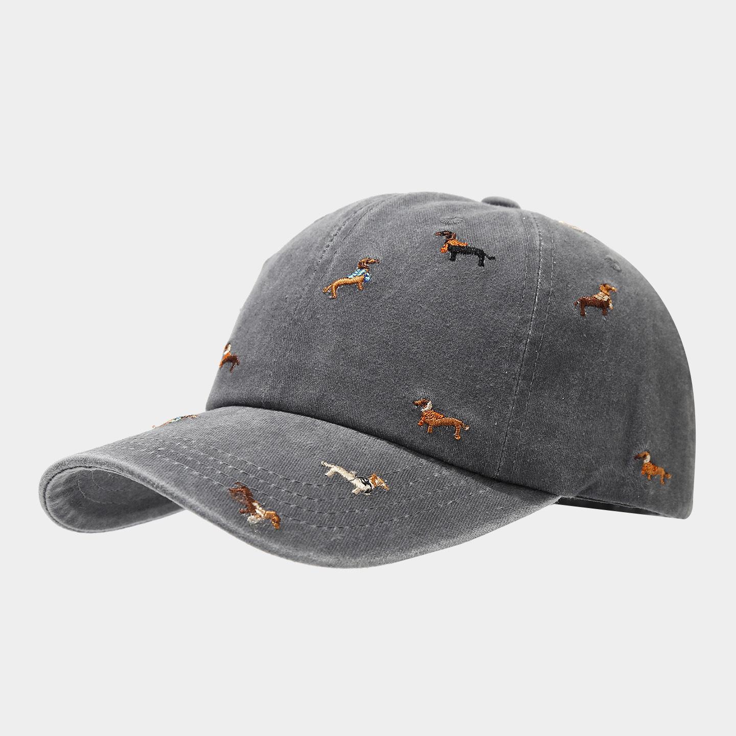 Unisex Outdoor Large Brimmed Soft Top Baseball Cap Embroidered Decorated Duckbill Cap with Small Dog Retro Street Duckbill Cap One Size серый