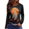 Women's Round Neck Long Sleeve Top with Halloween Print and Side Slit for Fall Festive Occasions