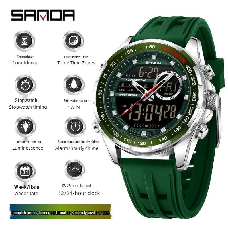 Sanda Men's Waterproof Dual Display Multi-Function Watch with Timer, Snooze, and Night Light.