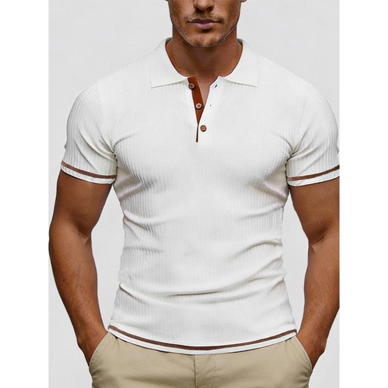 Men Ribbed Knit Short Sleeve Polo Shirt With Brown Trim M белый