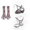 1 Set Damen Unterwäsche Set Inklusive Handschuhe und Oberschenkelringe Kettendekor Herzprint G-String Ausgeschnitten Verstellbares Kreuz
