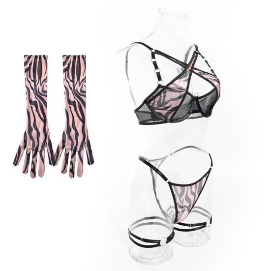 1 Set Damen Unterwäsche Set Inklusive Handschuhe und Oberschenkelringe Kettendekor Herzprint G-String Ausgeschnitten Verstellbares Kreuz