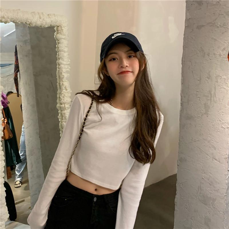 Women's 2025 Autumn Korean Style White Long-Sleeve Crop Top
