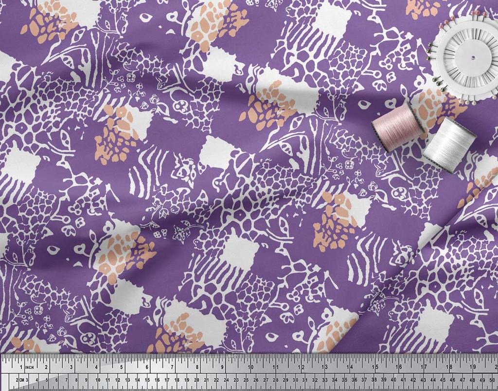 Soimoi Purple Japan Crepe Satin Fabric Brush Stroke & Leopard Animal Skin Printed Fabric 1 Metre 42 Inch
