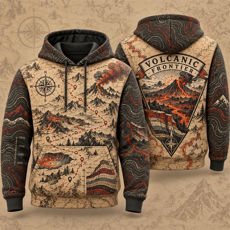 3D Print Vintage Wilderness Map Hoodie Men Retro Sweatshirt Outdoor Hiking Adventure Winter Casual Loose Unisex Daily Hoodies