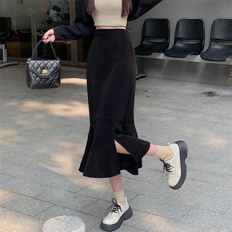 Slim-Fitting High Waist Split Mermaid Skirt Women's Autumn Winter Korean Style Mid-Length Elegant A-Line Bodycon Midi Skirt