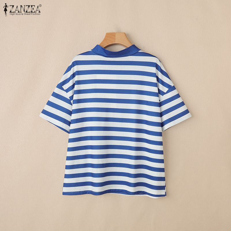 ZANZEA Damen Lässig Stehkragen Locker Halber Ärmel Streifen T-Shirt