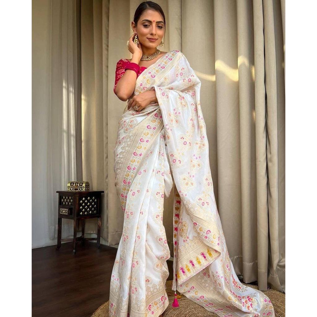Silk Saree from the ALMAARI Store Is Adorned with Beautiful Zari Work In Form of Traditional Motifs.