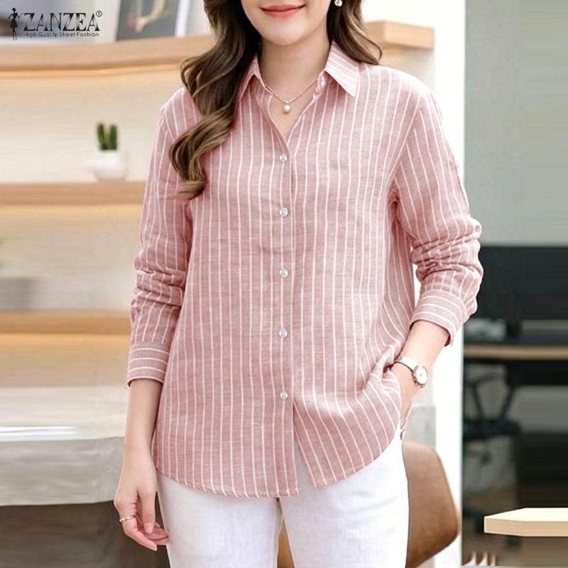 ZANZEA Camicetta casual da donna a righe a maniche lunghe con colletto rovesciato