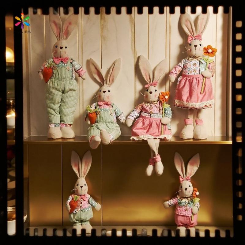 Large Easter Rabbit Ornament with Carrot and Flowers – Pink, Light Green, Brown Hanging Decoration