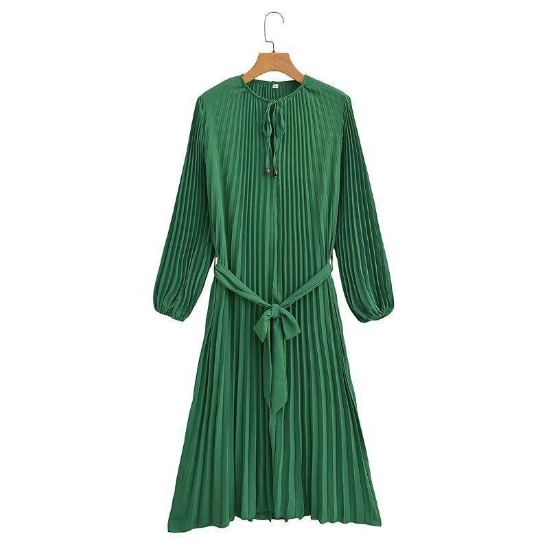 2025 Spring/Autumn Women's Fashion Crew Neck Long Sleeve Belted Pleated Maxi Dress