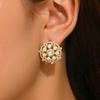 Vintage Floral CZ Stud Earrings for Women 20mm Round Paved Cubic Zirconia Earrings Gold Color Boho Wedding Party Jewelry