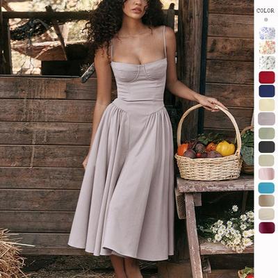 French Retro Court-Style Summer Dress with Spaghetti Straps