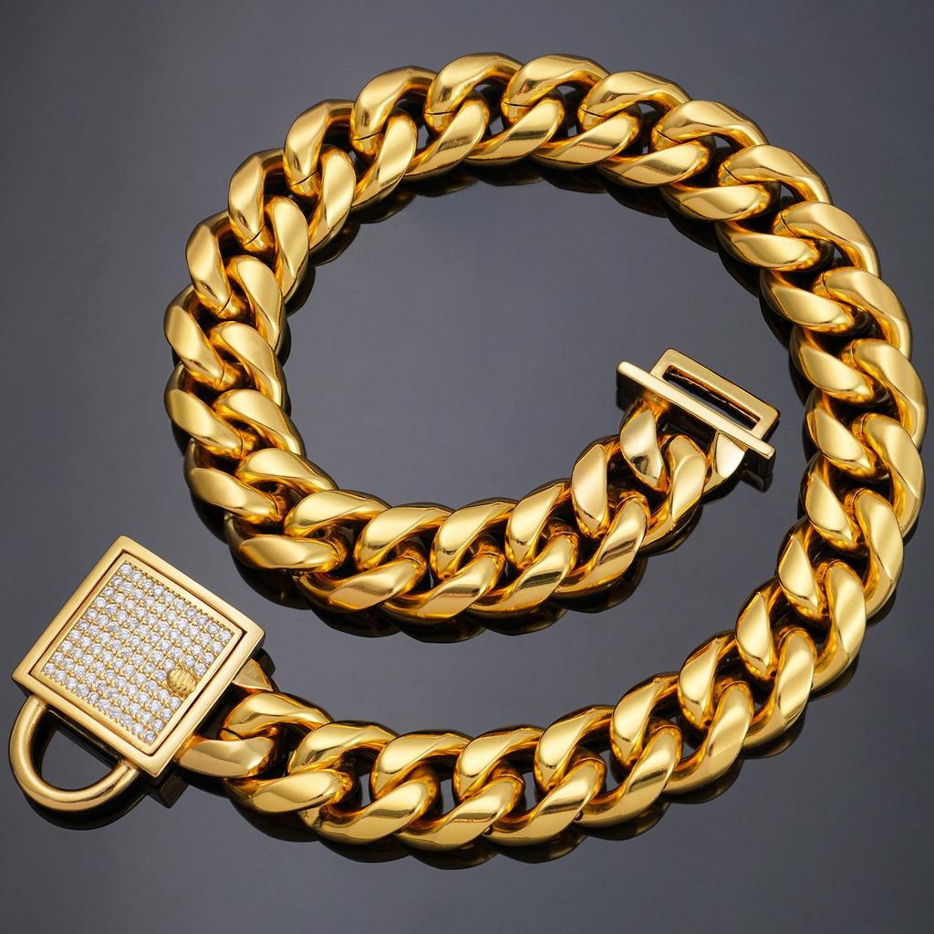 14mm Wide Gold Dog Leash and Titanium Steel Collar with Paved Diamond Buckle