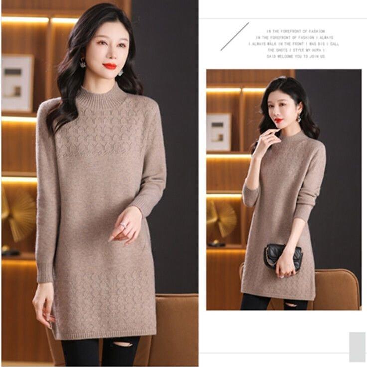 Half Turtleneck Knitted Sweater Solid Color Casual Sweater Dress for Women Mid-length Pullover for Women Sweater Autumn and Winter Inner Knitwear