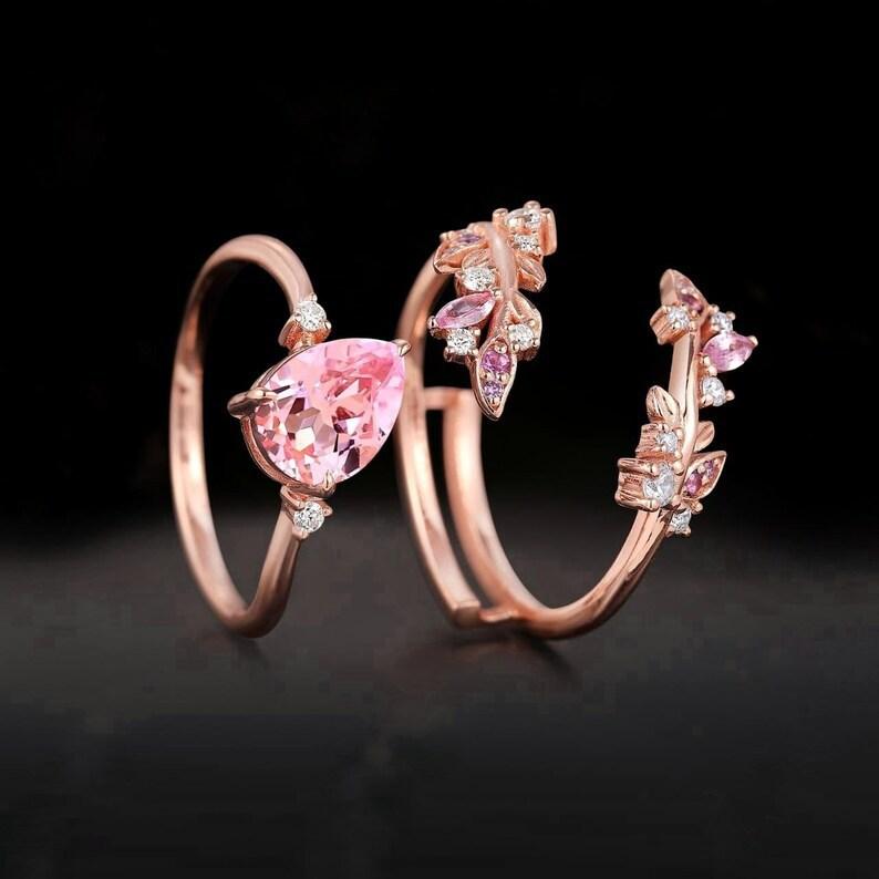 Sweet Pink Heart Shaped Cut Zircon Rings for Women Luxury Gold Tone Multi-layer Branch Dainty Bling Ring Jewelry