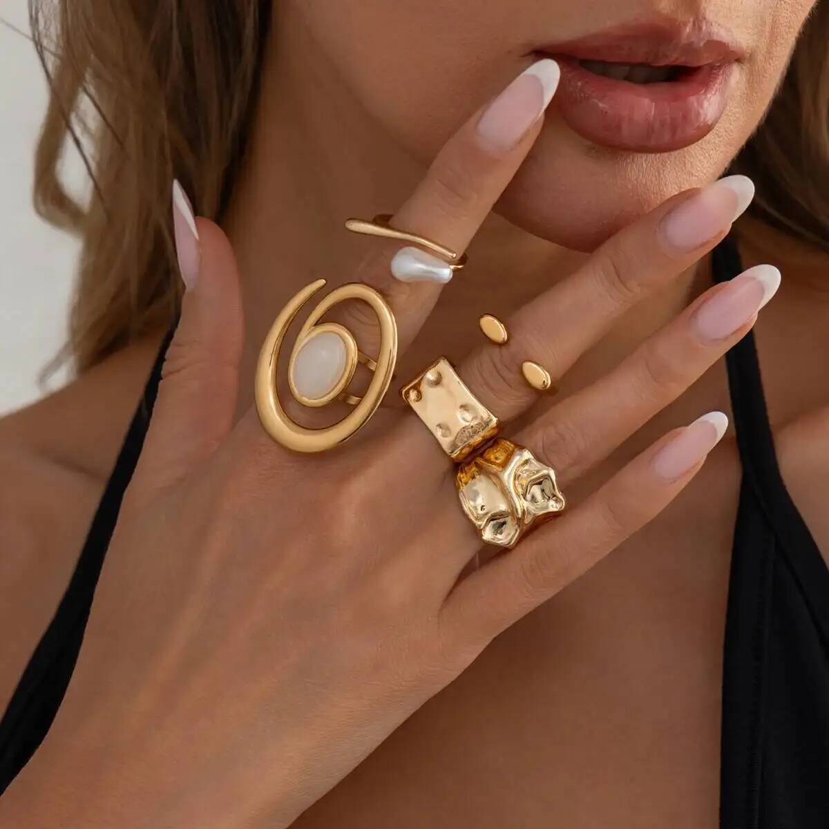 IngeSight.Z 5Pcs/Set Unique Imitation Pearl Irregular Adjustable Open Ring Trendy Hollow Geometry Stackable Finger Ring Jewelry
