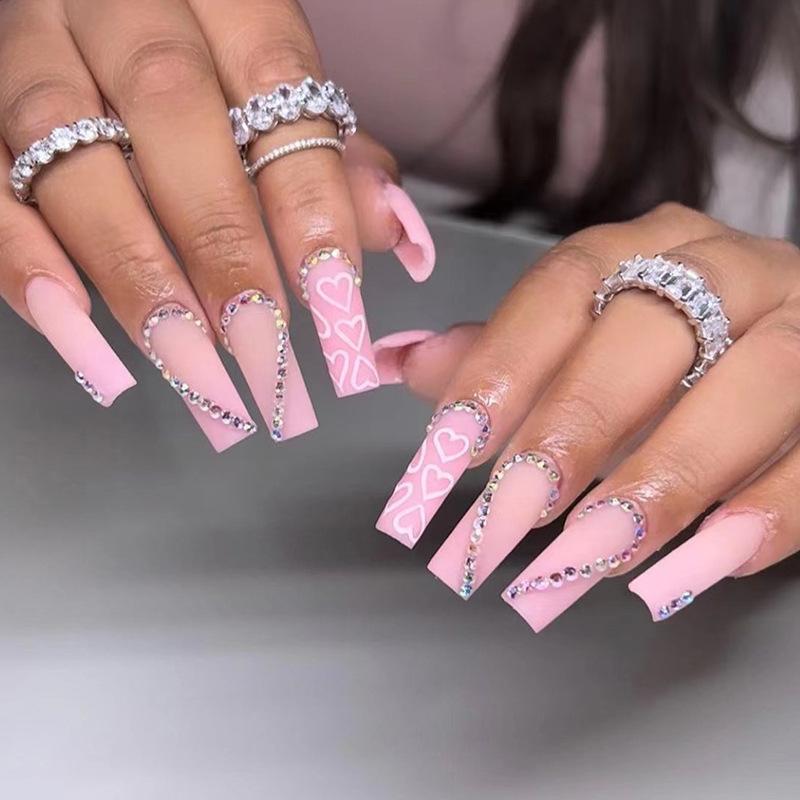 Pink love rhinestone wearing nail piece nail piece nail piece removable ultra-thin nail piece