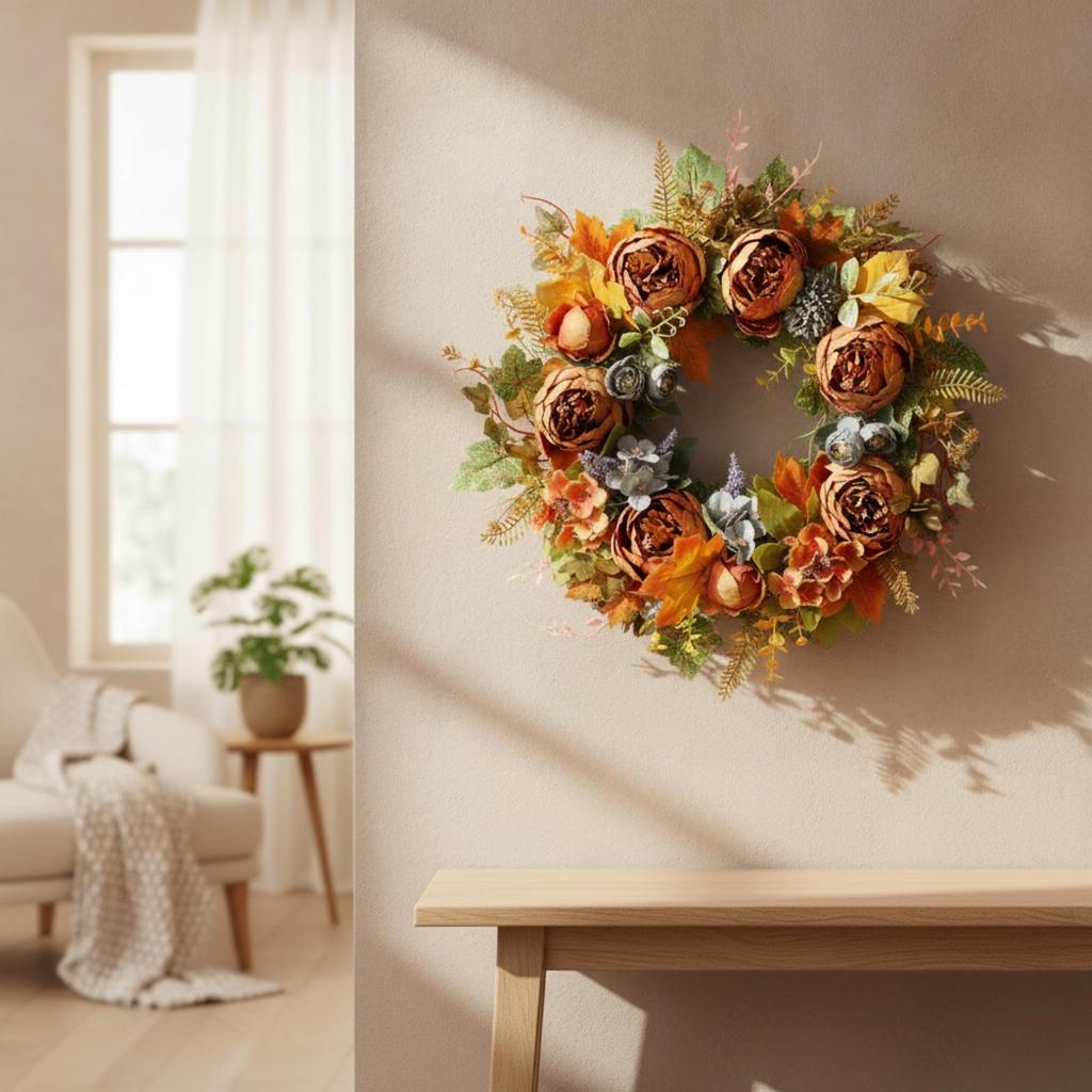 Wreath with Mixed Foliage Layered Silk Flower Autumn for Door, Entryway, Thanksgiving