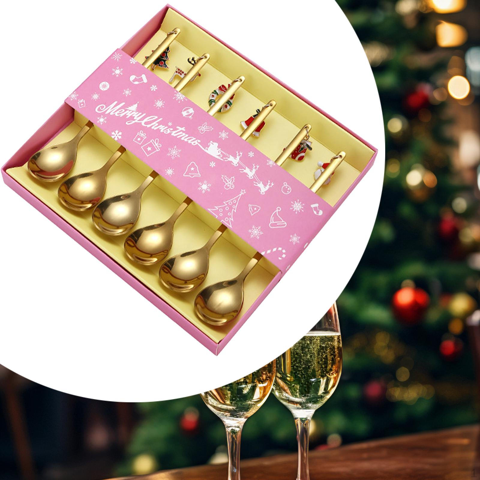 

Рождественский набор из 6 ложек, десертные ложки из нержавеющей стали, наборы столовых приборов, столовые приборы золотой