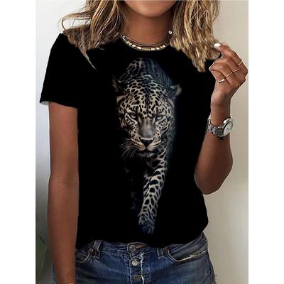 T-shirt con stampa leopardata a fiori, top casual a maniche corte con scollo a giro per primavera ed estate, abbigliamento da donna