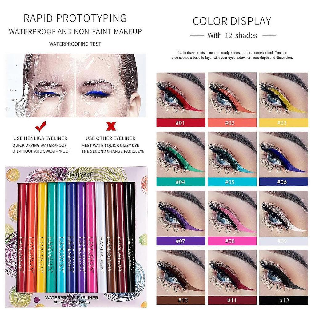 12PCS Matte Rainbow Colorful Liquid Eyeliner Set, 12 Colors Soft and Hyper Sharp Tip Brush Eyeliner, Waterproof High Pigmented Eyeliner Pen Set