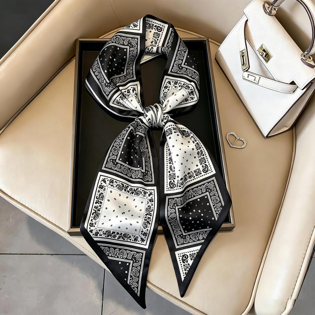 Small long thin bevel silk scarf Women's ethnic style belt Tie hair belt Tie bag ribbon tie yarn scarf Thin scarf