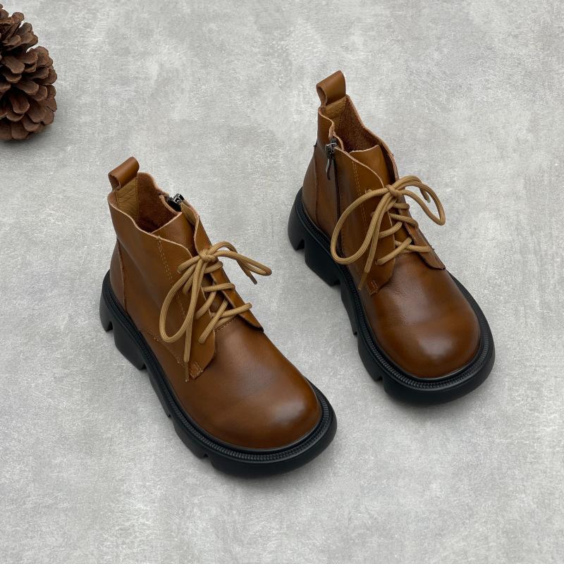 Johnature Botines Retro de Suela Gruesa Punta Redonda Versátiles Cuero Genuino Zapatos de Mujer