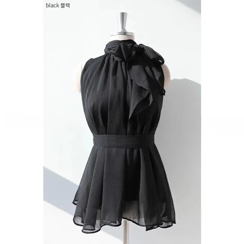 

Women Light Pink Halter Neck Sleeveless Top Tie Waist Ruffled Chiffon Blouse OneSize чорний