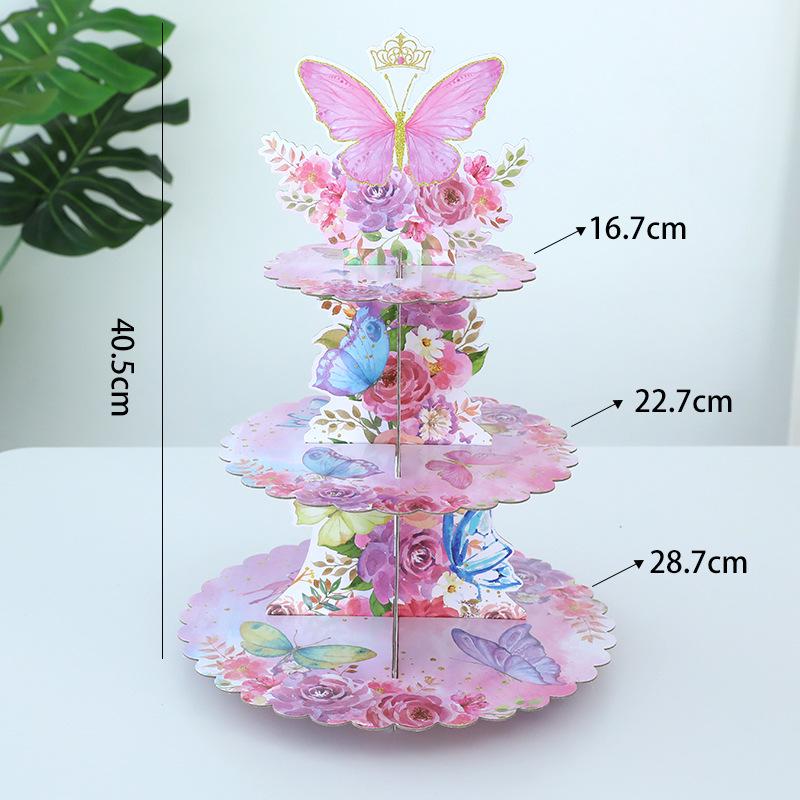 Three-Tier Disposable Cake Stand with Cartoon Butterfly Design for Weddings and Birthdays