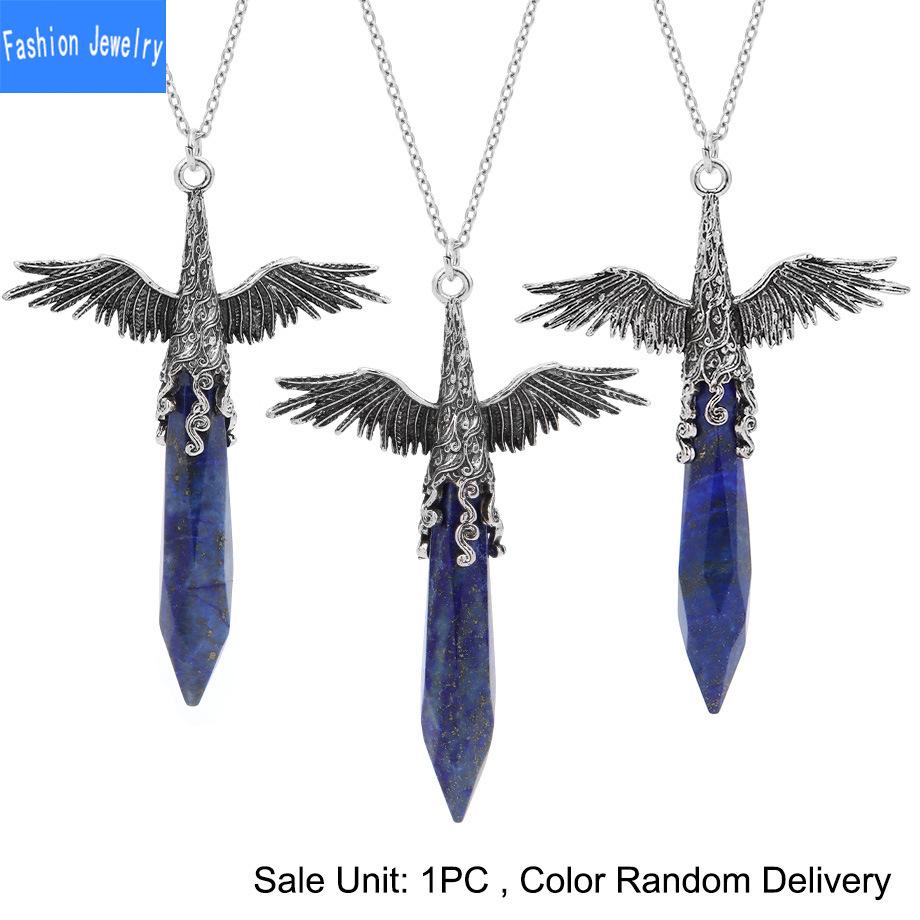 European and American fashion angel wings natural crystal stone faceted hexagonal column pendant necklace necklace