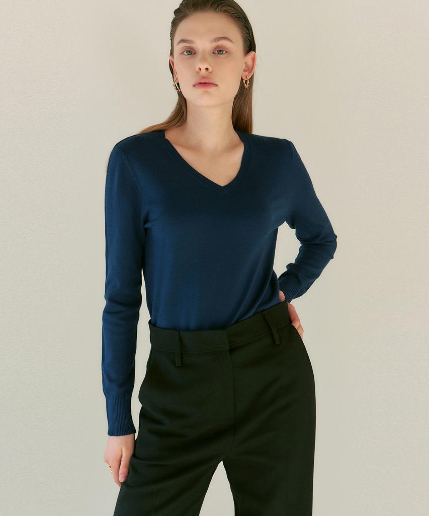 Nigaennikol [Essential] Soft V Neck Knit_Deep Blue