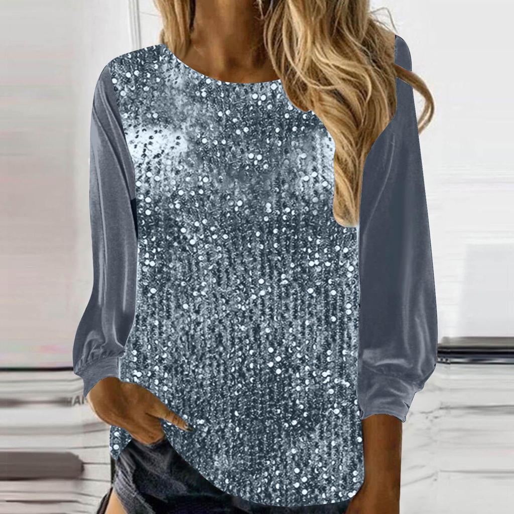 2025 European & American Women's Casual Sequin Round Neck Long Sleeve Pullover