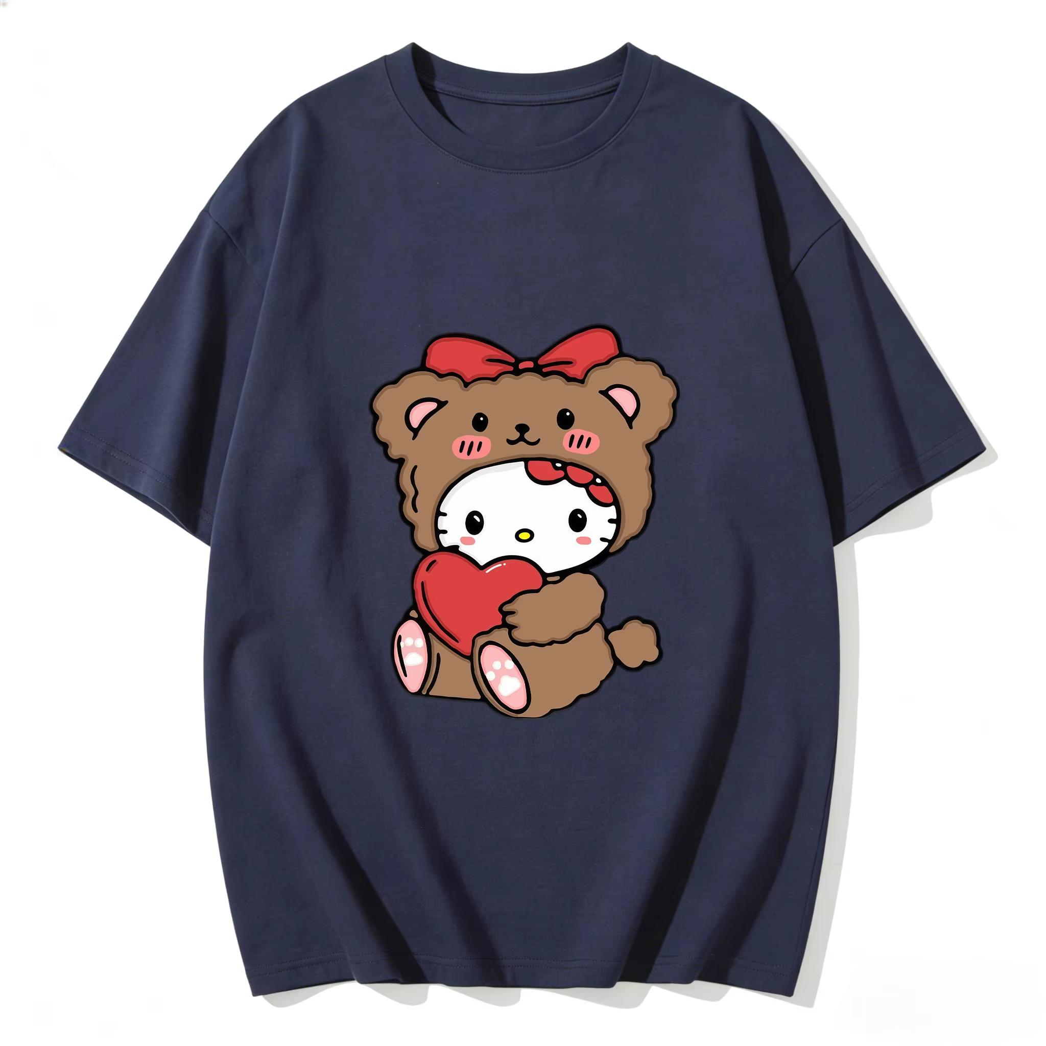 

2026 Summer Hello Kitty Cartoon Printed Short Sleeve Pure Womens Comfortable summer loosefitting Womens clothing S