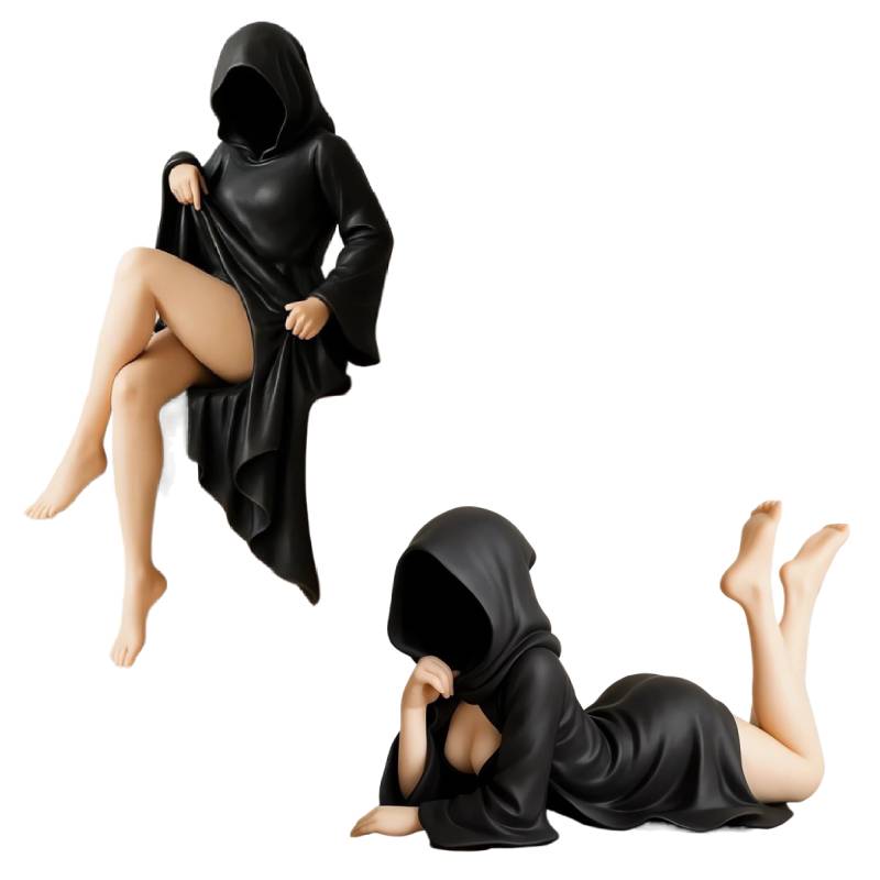 3D Mysteriöse Statue für Bücherregal Schwarzes Gewand Königin Figur Gotische Maskierte Frauen Sitzende Statue Zimmer Desktop Ornamente Skulptur