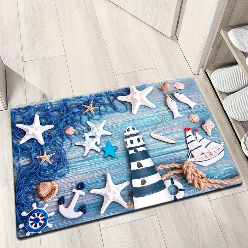 Beach Themed Nautical Doormat Soft Non-Slip Starfish Anchor Boat Print Entryway Rug Kitchen Living Room Home Decor Carpet