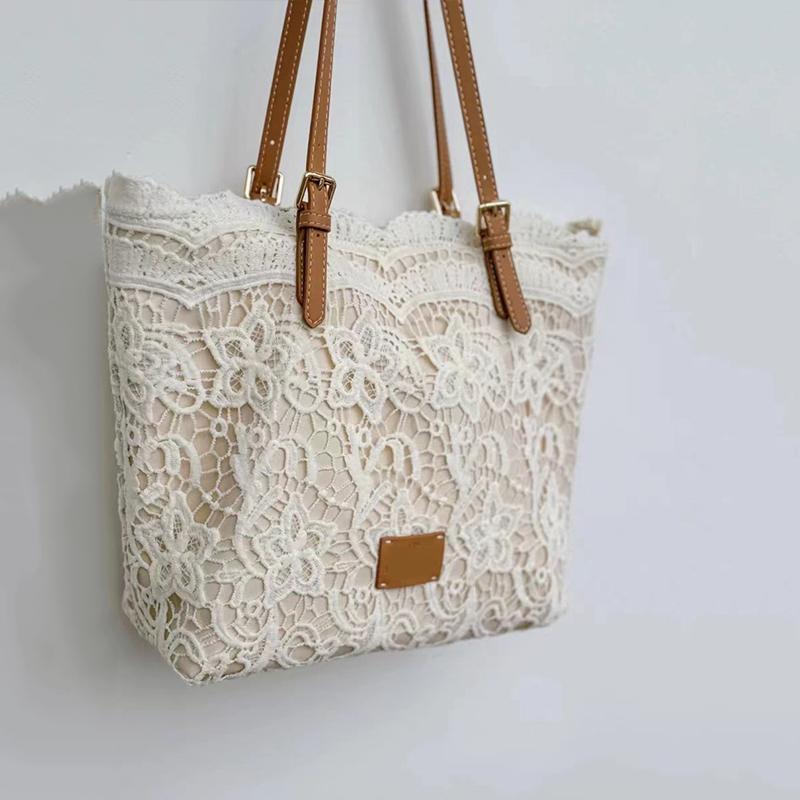 Women Lace Flower Embroidery Tote Summer Seaside Travel Vacation Beach Bag Shoulder Retro Handbag CLE