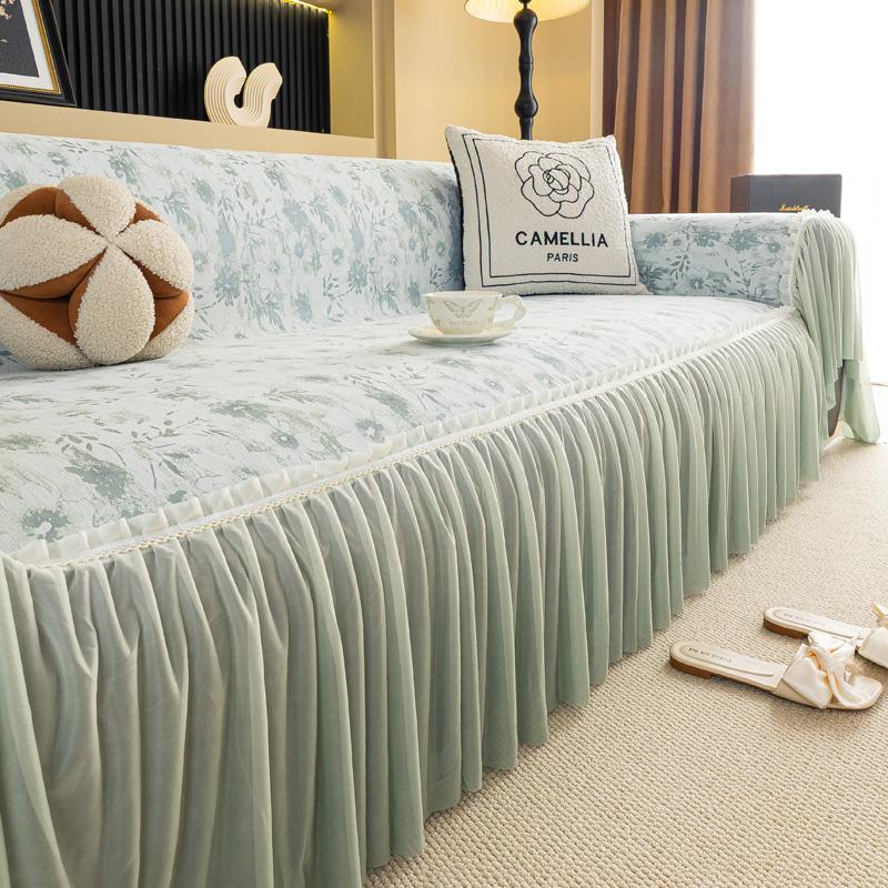 Chenille Sofa Towel Cover, 3 Seater Couch Cover, Universal Slipcover, with Ruffles, Non Slip Furniture Protector