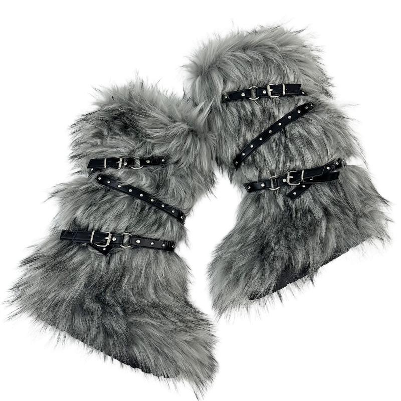 Y2K Spice Girls Sexy Tall Snow Boots New Cross Belt Buckle Fur Fluffy Boots