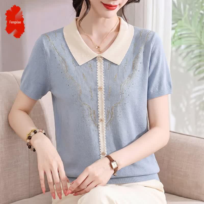 Elegant Mature Women s Summer Knit Polo Shirt 4XL