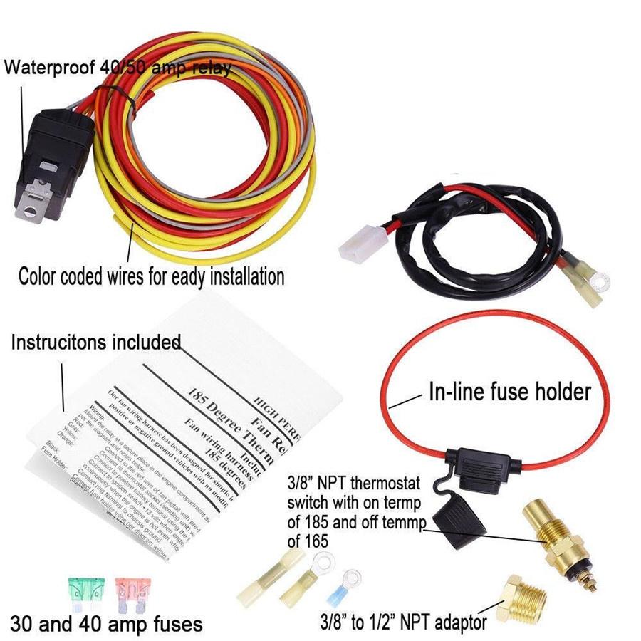 Universal ELECTRIC COOLING FAN WIRING HARNESS INSTALL KIT 185/165 HERMOSTAT 40A RELAY