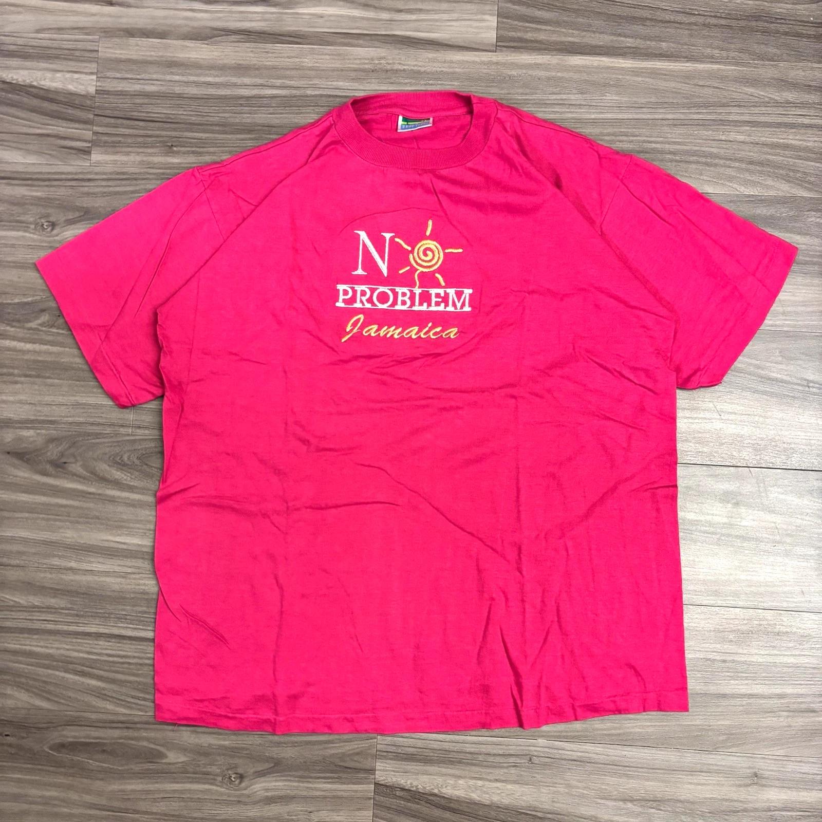 1990s / Vtg Tropicool No Problem Jamaica Tee Pink Embroidered Single Stitch XL S