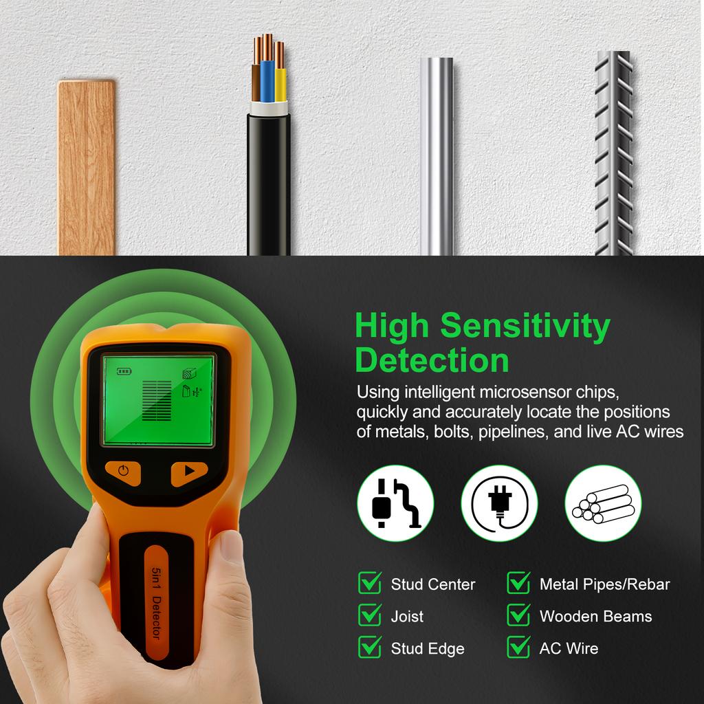 5-in-1-Ständererkennung Wand-Holz-Scanner Digitaler Handheld-Wanddetektor Spannungsführende Wechselstromleitungen Kabel PVC-Wasserleitung Metallfinder-Scanner